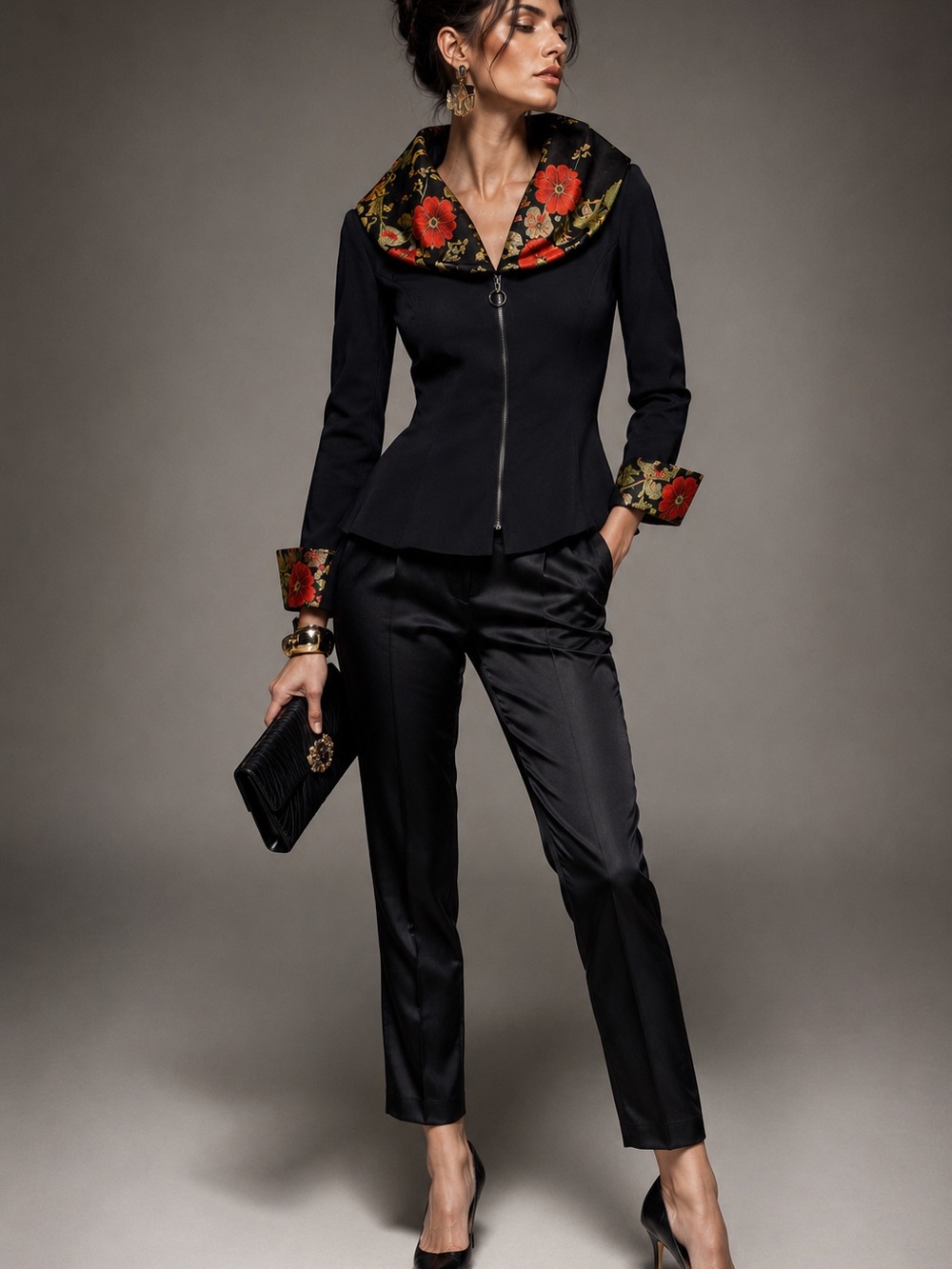 Joseph Ribkoff Sz 12 Asian Inspired Floral Brocade Double Collar Zip Jacket